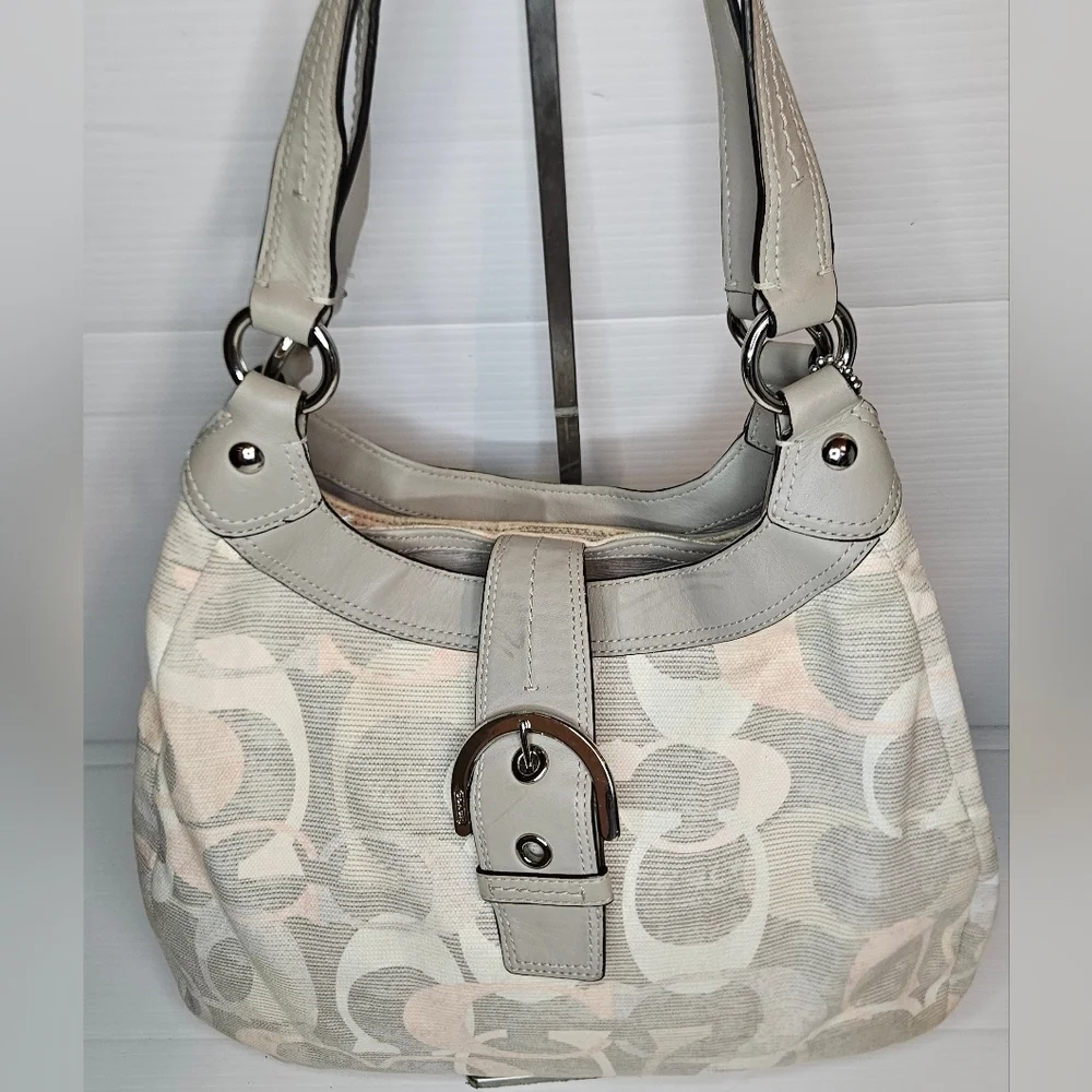 Coach F19214 Vintage Soho Lynn Hobo Bag – Gray & Pink Canvas with Leather Trim